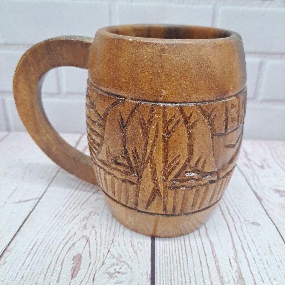 VTG‎ Tiki Bar Wood Wooden Mug Cup Bahamas Brown Hand Carved